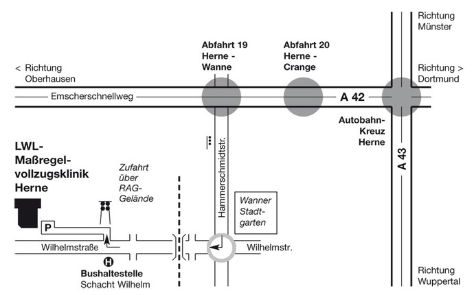 Anfahrtsskizze zur LWL-Maßregelvollzugsklinik Herne. (Grafik: LWL/Neuhaus)