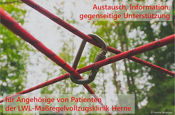 Zwei Sicherheitsleinen laufen durch eine Öse, Text: Austausch, Information, gegenseitige Unterstützung für Angehörige von Patienten der Forensik Herne